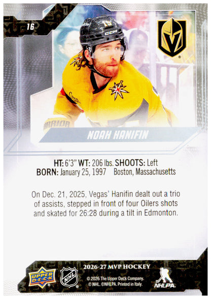 2026-27 Upper Deck MVP Noah Hanifin Card Vegas Golden Knights