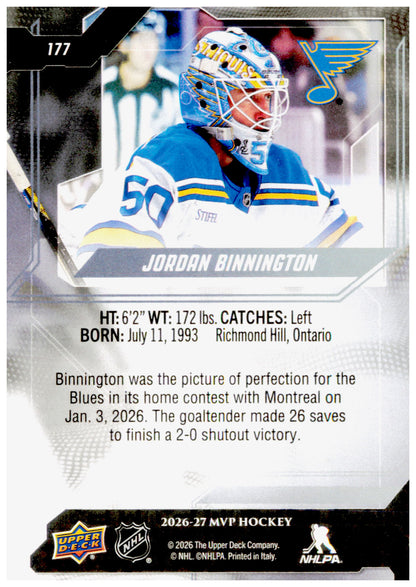2026-27 Upper Deck MVP Jordan Binnington Card Silver Script St. Louis Blues
