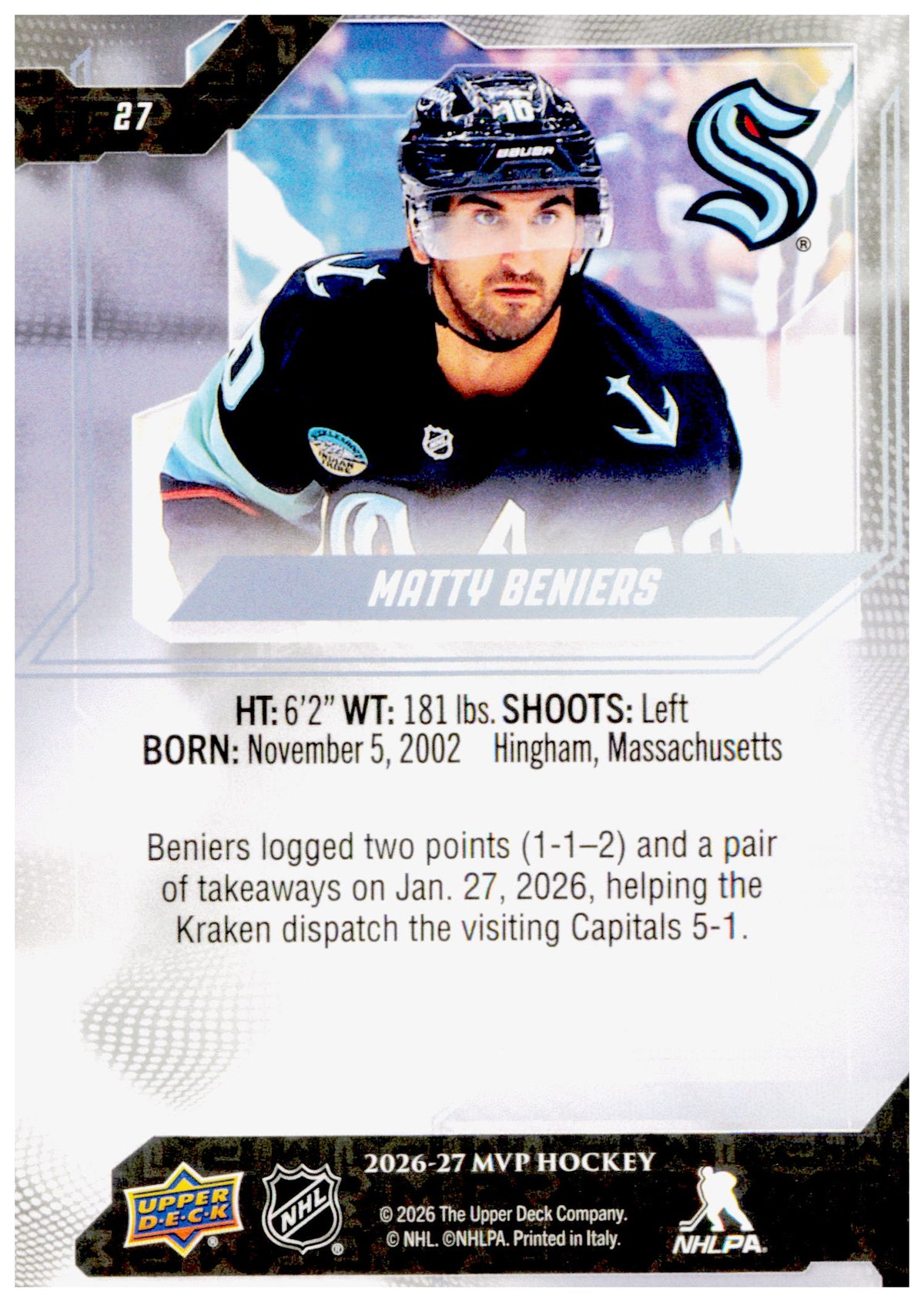 2026-27 Upper Deck MVP Matty Beniers Card Seattle Kraken