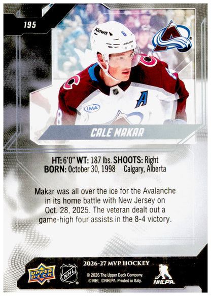 2026-27 Upper Deck MVP Cale Makar Card Colorado Avalanche
