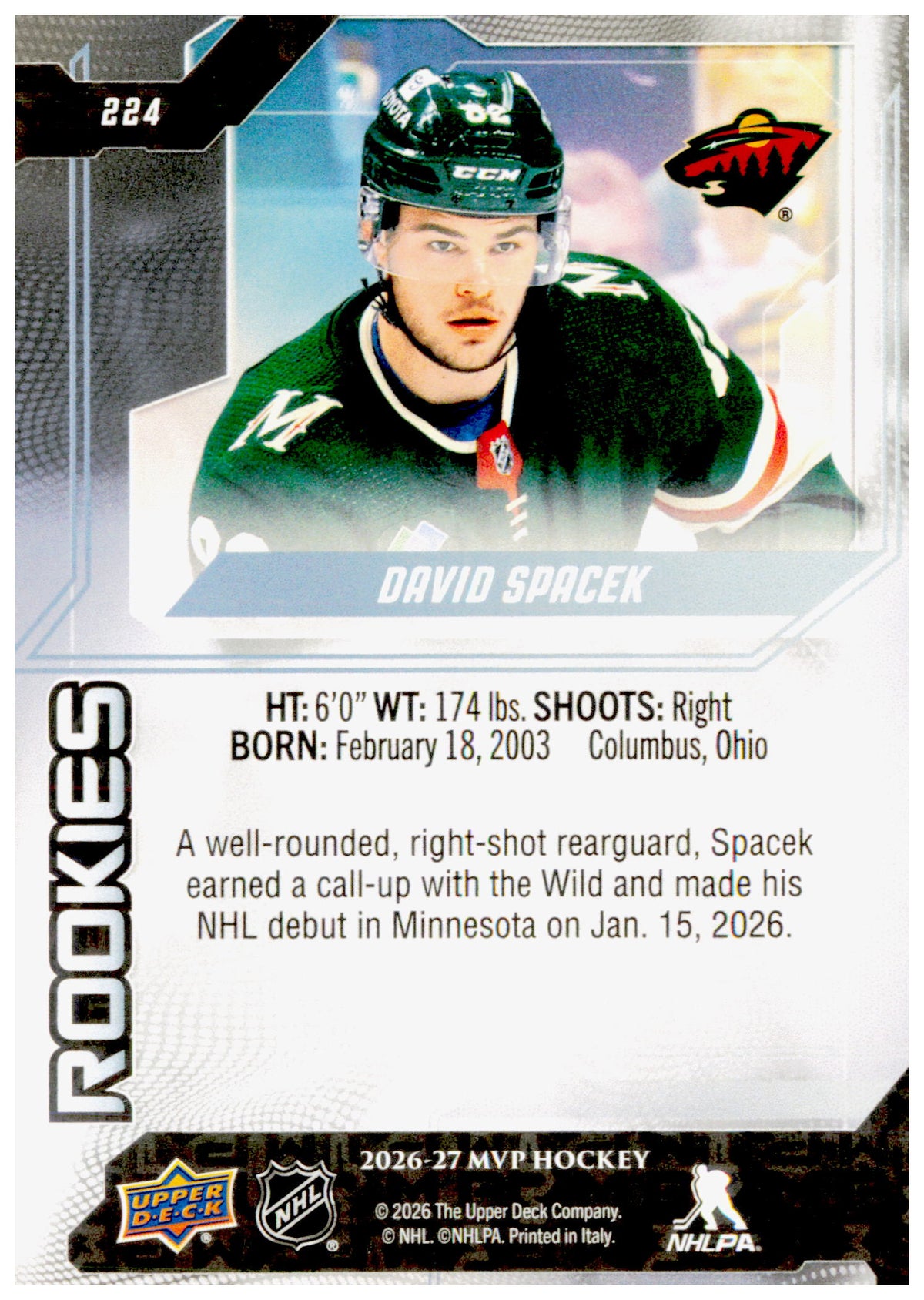 2026-27 Upper Deck MVP David Spacek Card RC Minnesota Wild