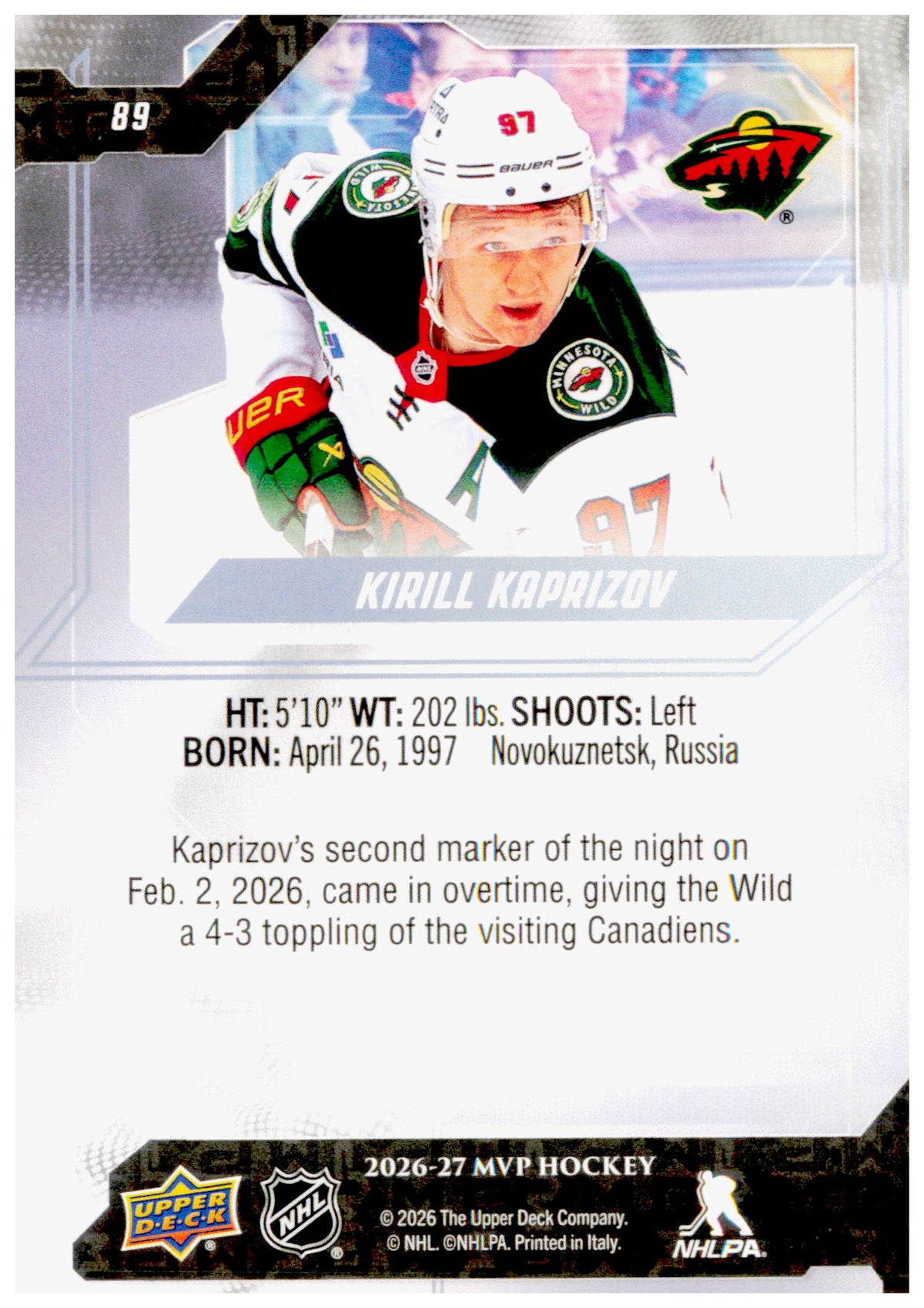 2026-27 Upper Deck MVP Kirill Kaprizov Card Minnesota Wild