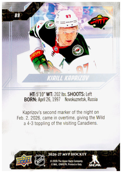 2026-27 Upper Deck MVP Kirill Kaprizov Card Minnesota Wild
