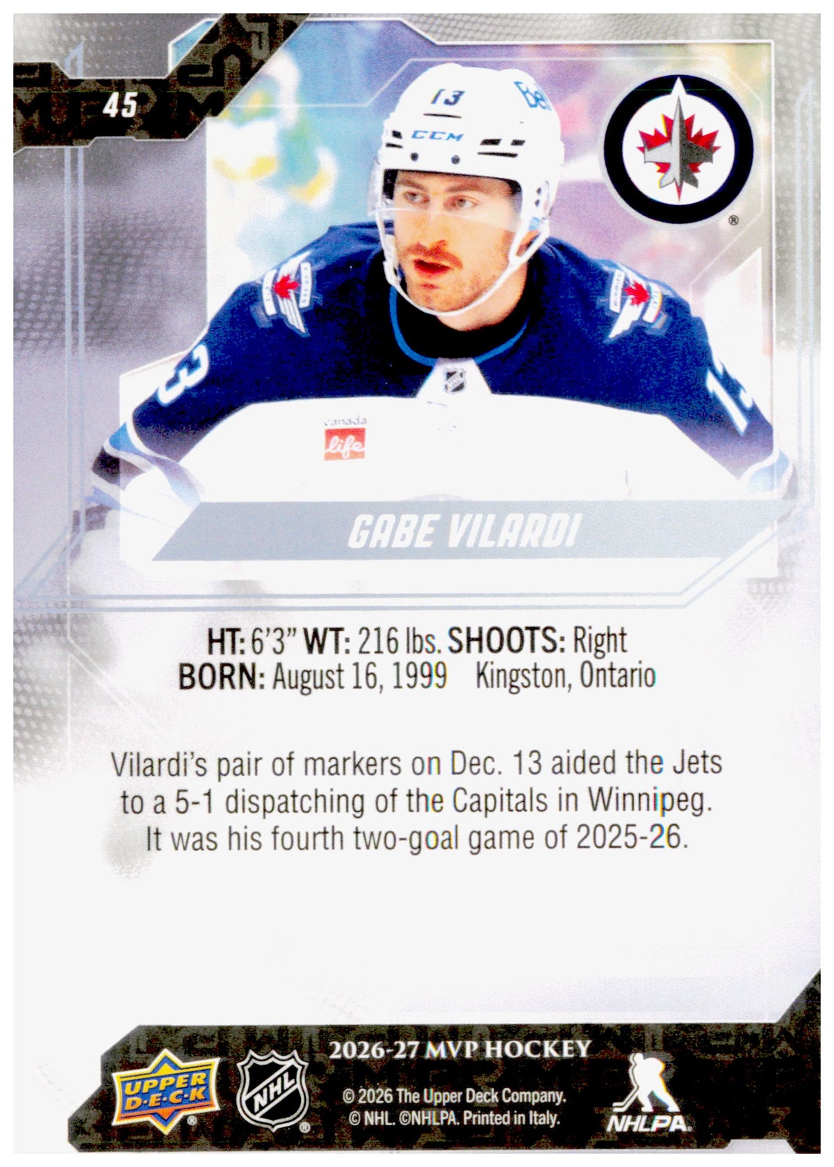 2026-27 Upper Deck MVP Gabe Vilardi Card Winnipeg Jets