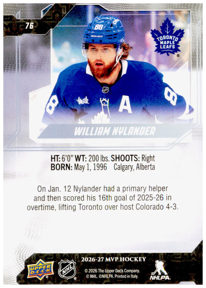 2026-27 Upper Deck MVP William Nylander Card Toronto Maple Leafs