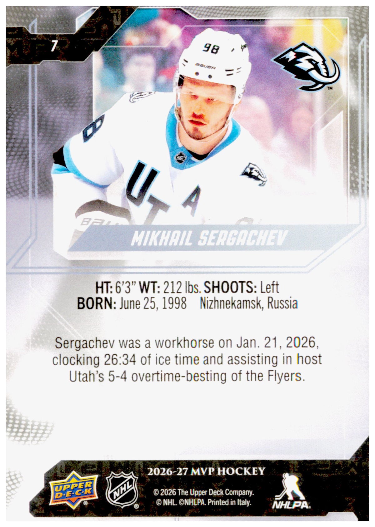 2026-27 Upper Deck MVP Mikhail Sergachev Card Utah Mammoth