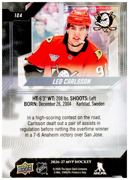 2026-27 Upper Deck MVP Leo Carlsson Card Anaheim Ducks