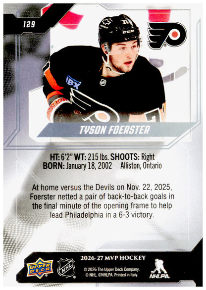 2026-27 Upper Deck MVP Tyson Foerster Card Philadelphia Flyers
