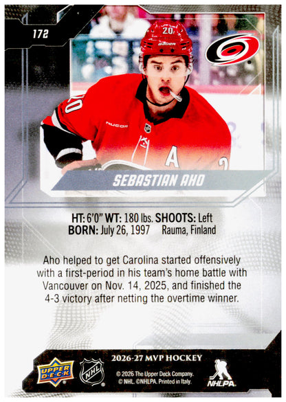 2026-27 Upper Deck MVP Sebastian Aho Card Carolina Hurricanes