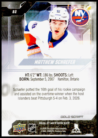 2026-27 Upper Deck MVP Matthew Schaefer Card Gold Script New York Islanders