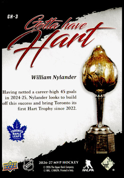 2026-27 Upper Deck MVP William Nylander Card Gotta Have Hart Toronto Maple Leafs