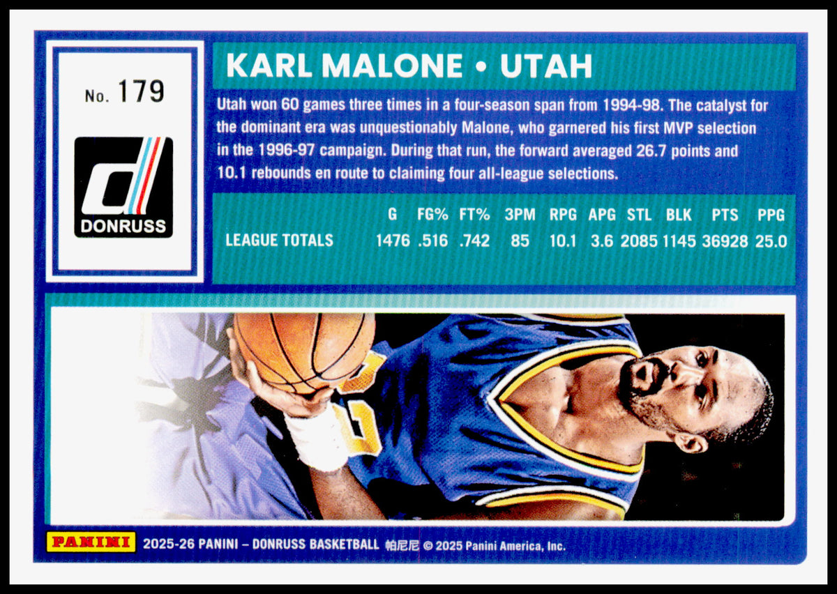2025-26 Donruss Karl Malone Card Holo Green Laser Utah Jazz