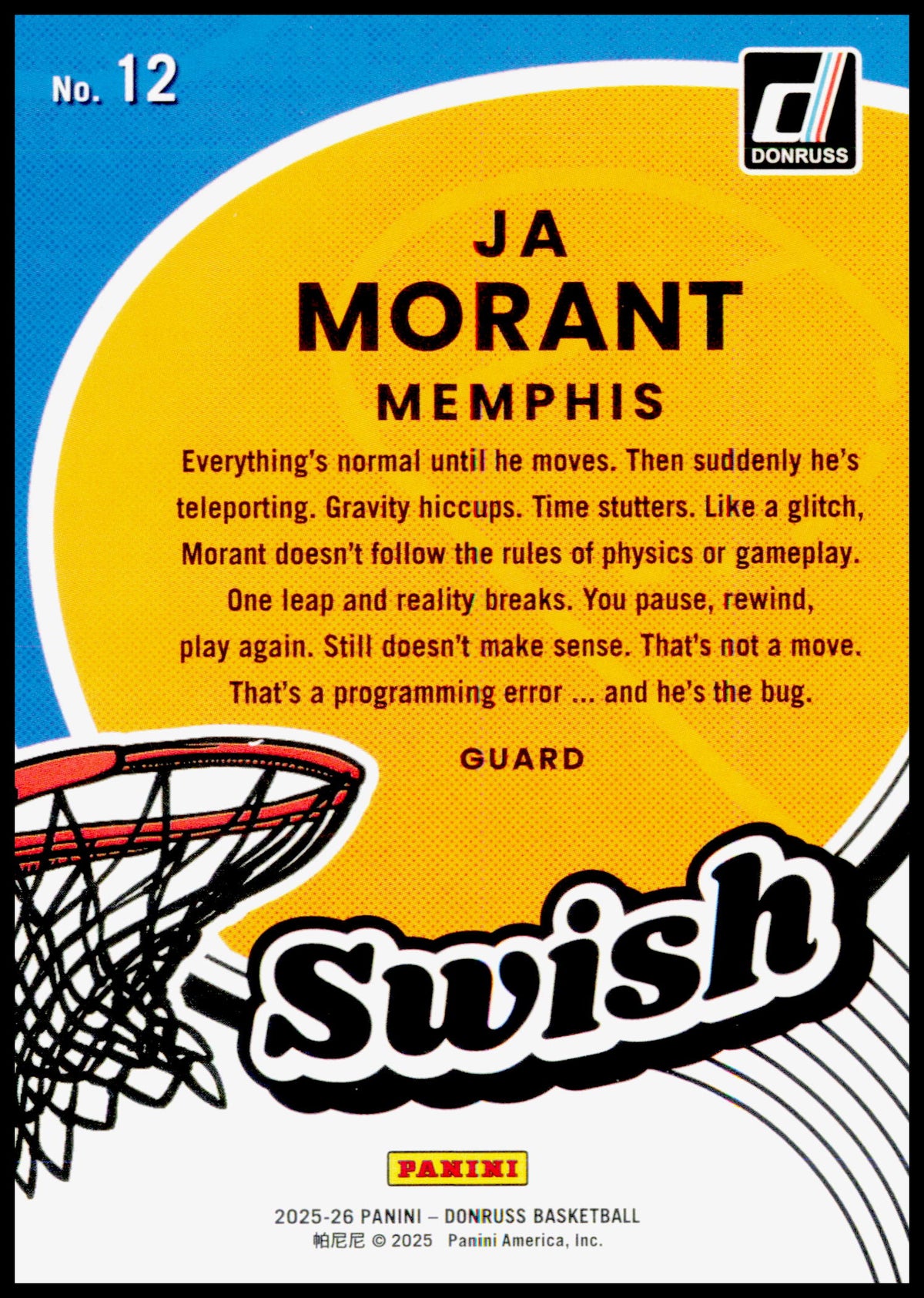 2025-26 Donruss Ja Morant Card Swish Holo Green Laser Memphis Grizzlies