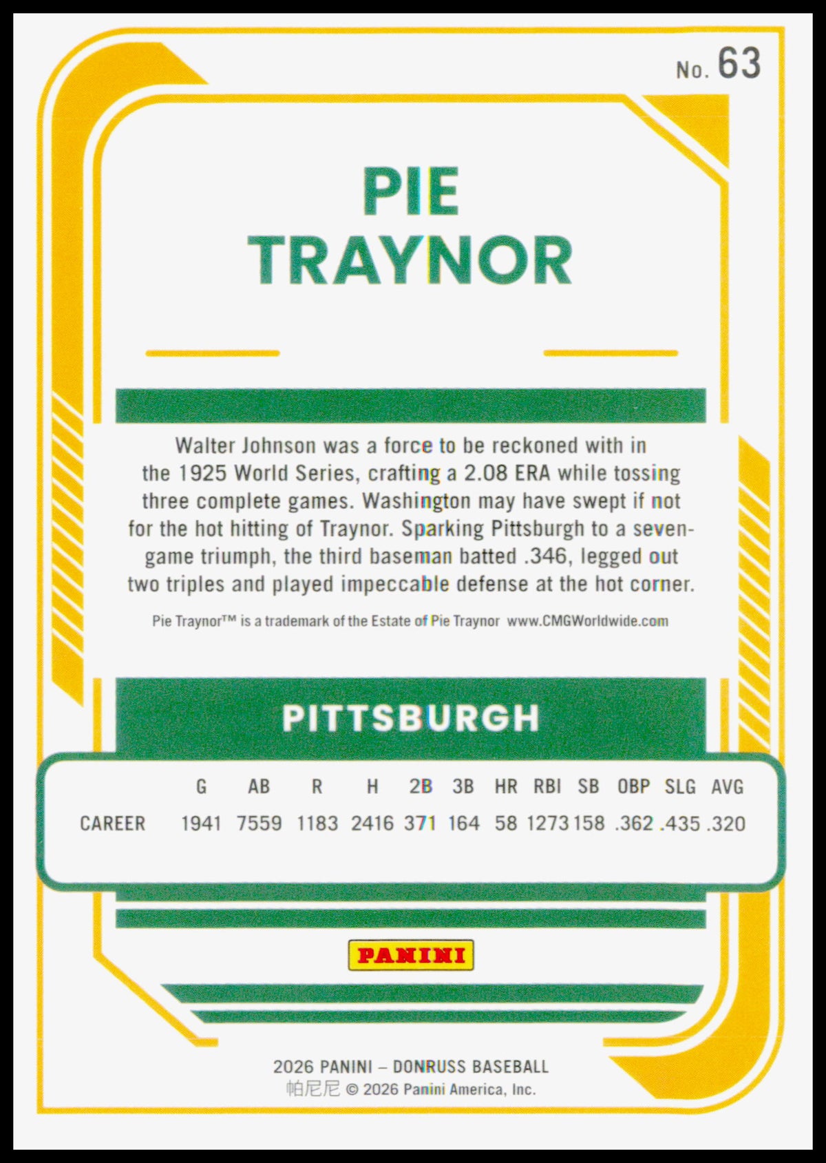 2026 Donruss Pie Traynor Card Optic Pittsburgh Pirates