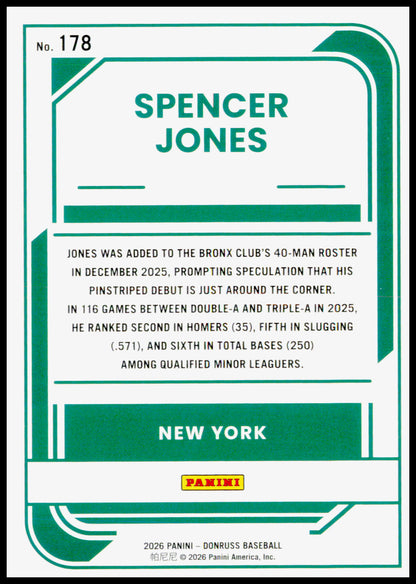 2026 Donruss Spencer Jones Card Rockets New York Yankees
