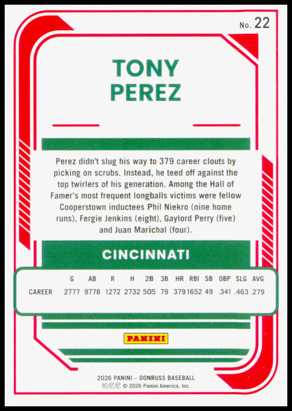 2026 Donruss Tony Perez Card Optic Cincinnati Reds