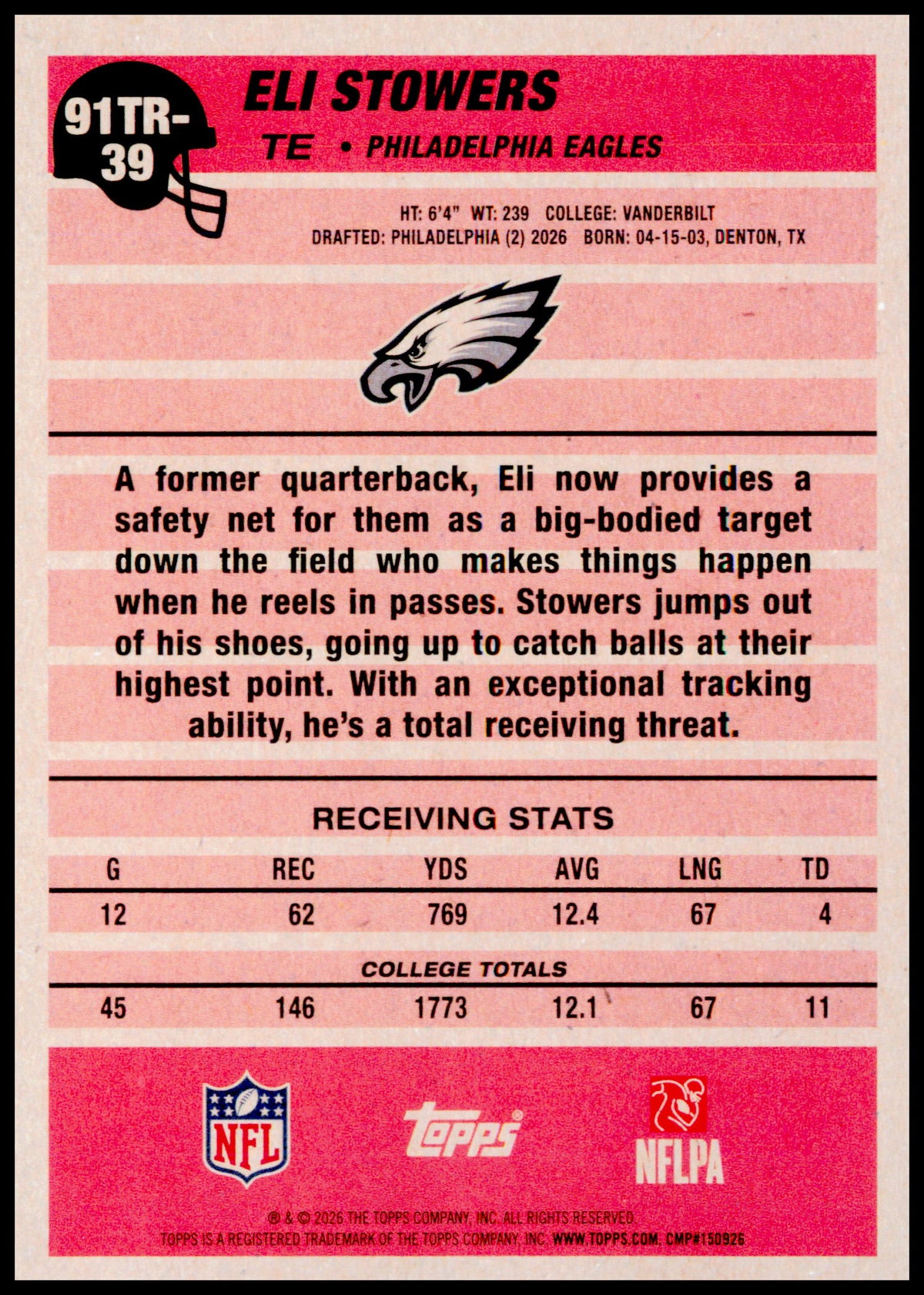 2026 Topps Flagship Eli Stowers 1991 Topps Football Rookies Philadelphia Eagles