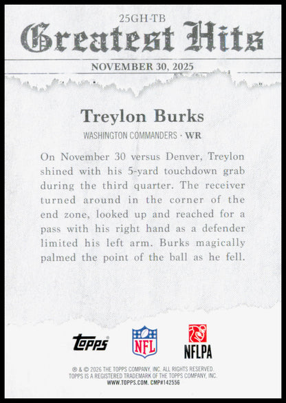 2026 Topps Flagship Treylon Burks Card 2025 Greatest Hits Washington Commanders