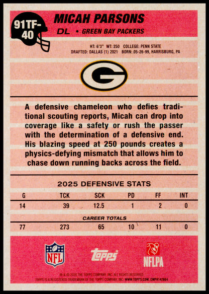 2026 Topps Flagship Micah Parsons Card 1991 Topps Football Green Bay Packers