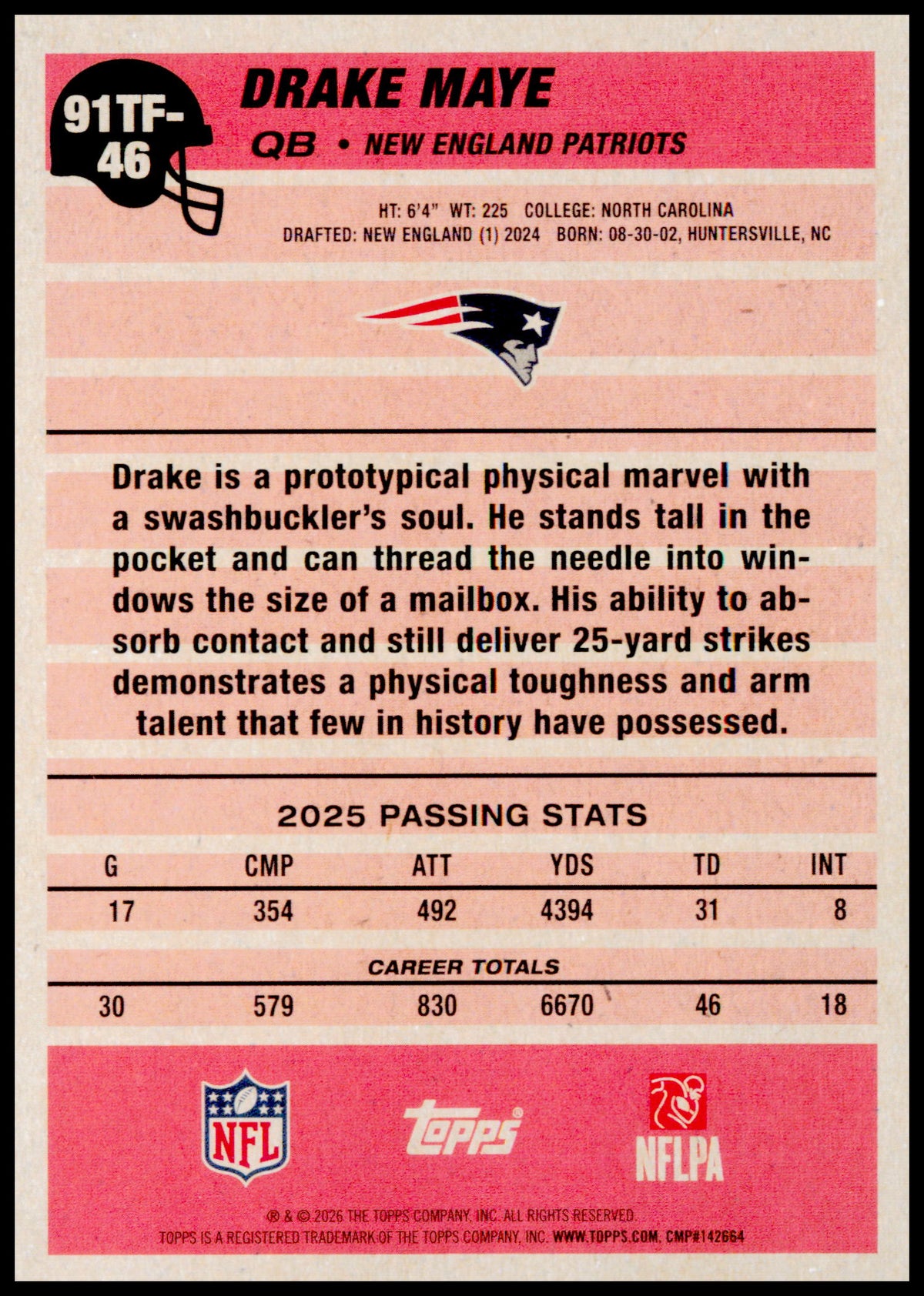 2026 Topps Flagship Drake Maye Card 1991 Topps Football New England Patriots
