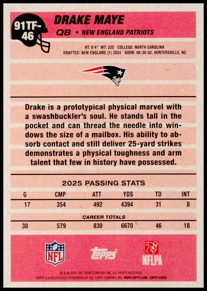 2026 Topps Flagship Drake Maye Card 1991 Topps Football New England Patriots