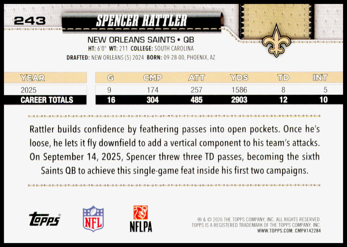 2026 Topps Flagship Spencer Rattler Card Rainbow Foil New Orleans Saints