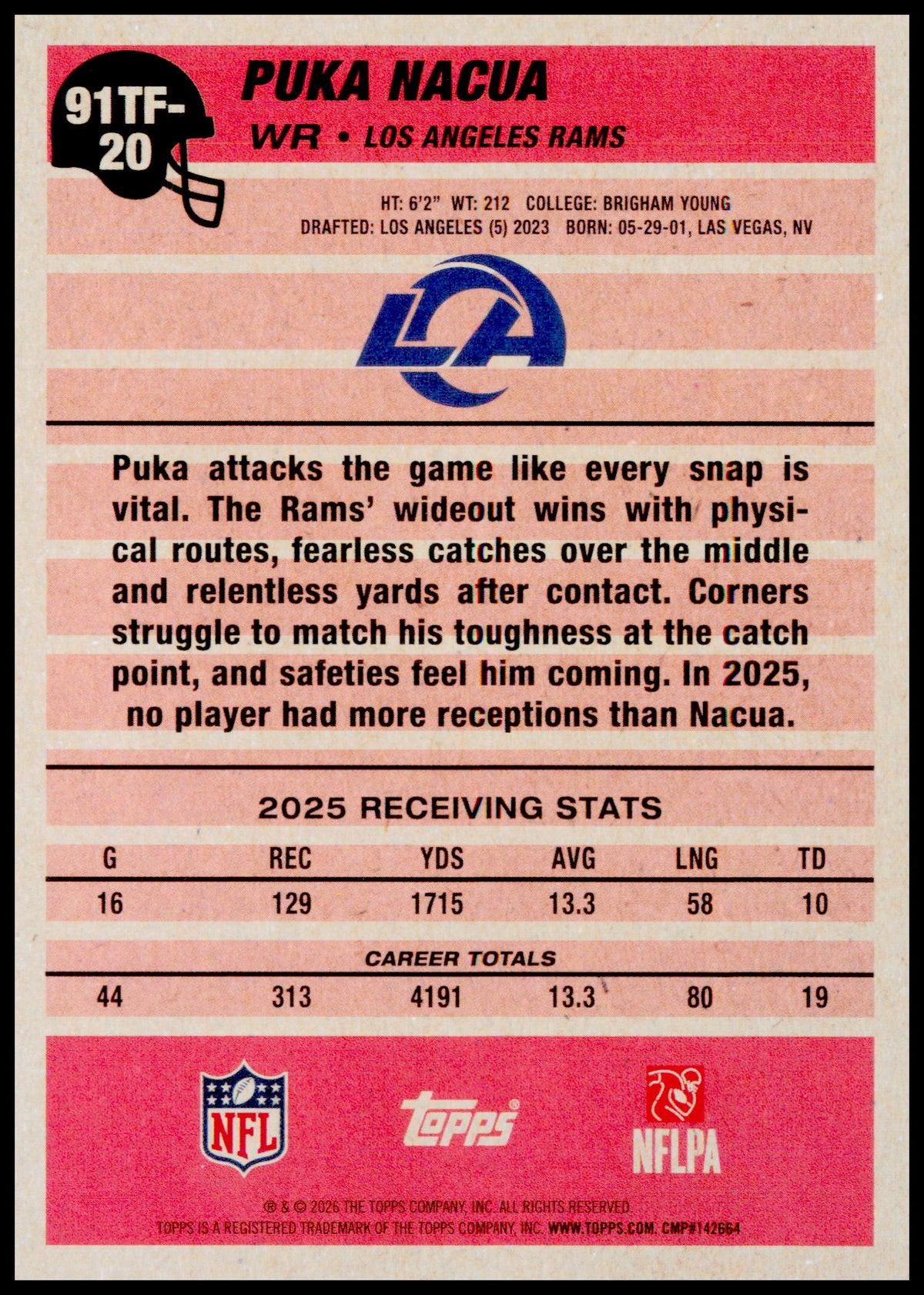2026 Topps Flagship Puka Nacua Card 1991 Topps Football Chrome Los Angeles Rams