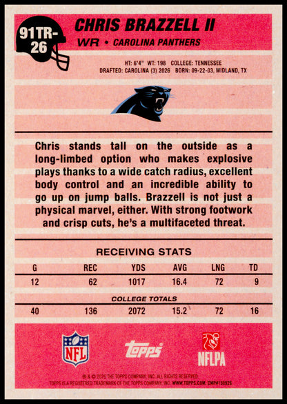 2026 Topps Flagship Chris Brazzell II Card 1991 Topps Football Rookies Panthers