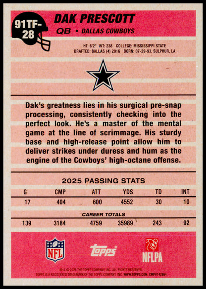 2026 Topps Flagship Dak Prescott Card 1991 Topps Football Dallas Cowboys