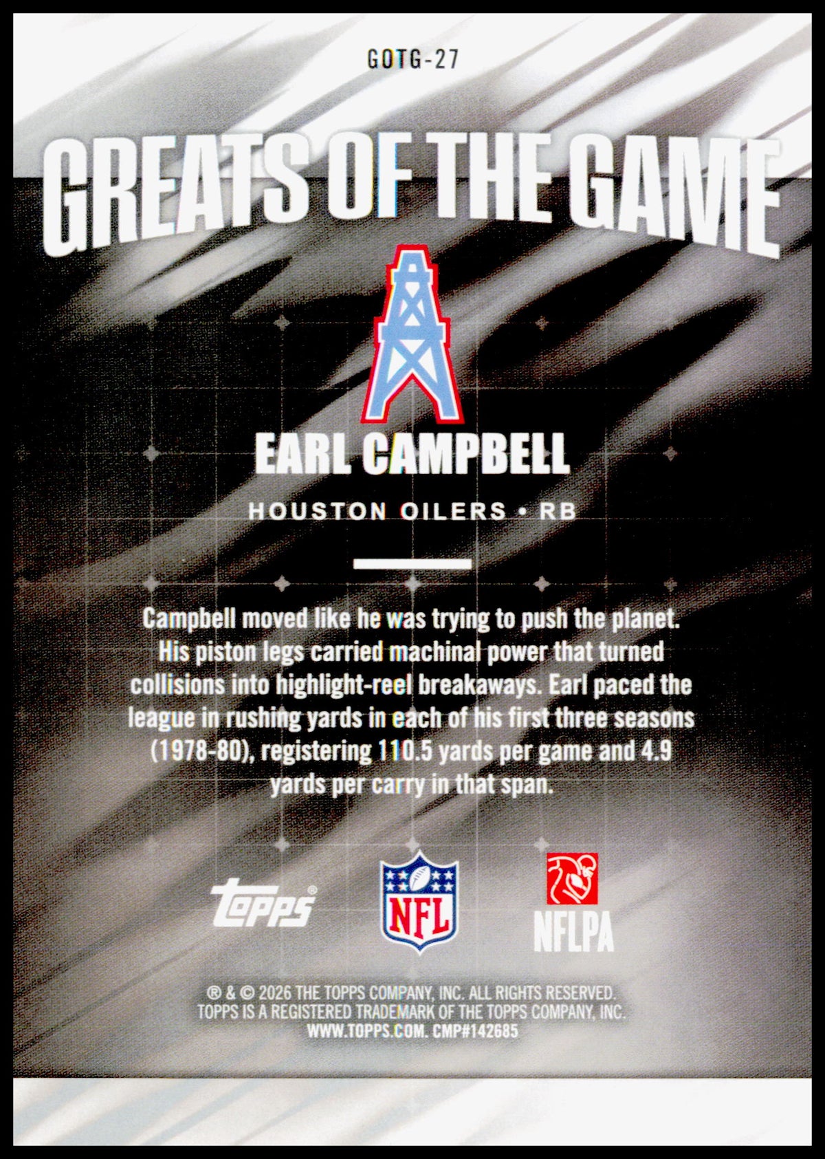 2026 Topps Flagship Earl Campbell Card Greats Of The Game Houston Oilers