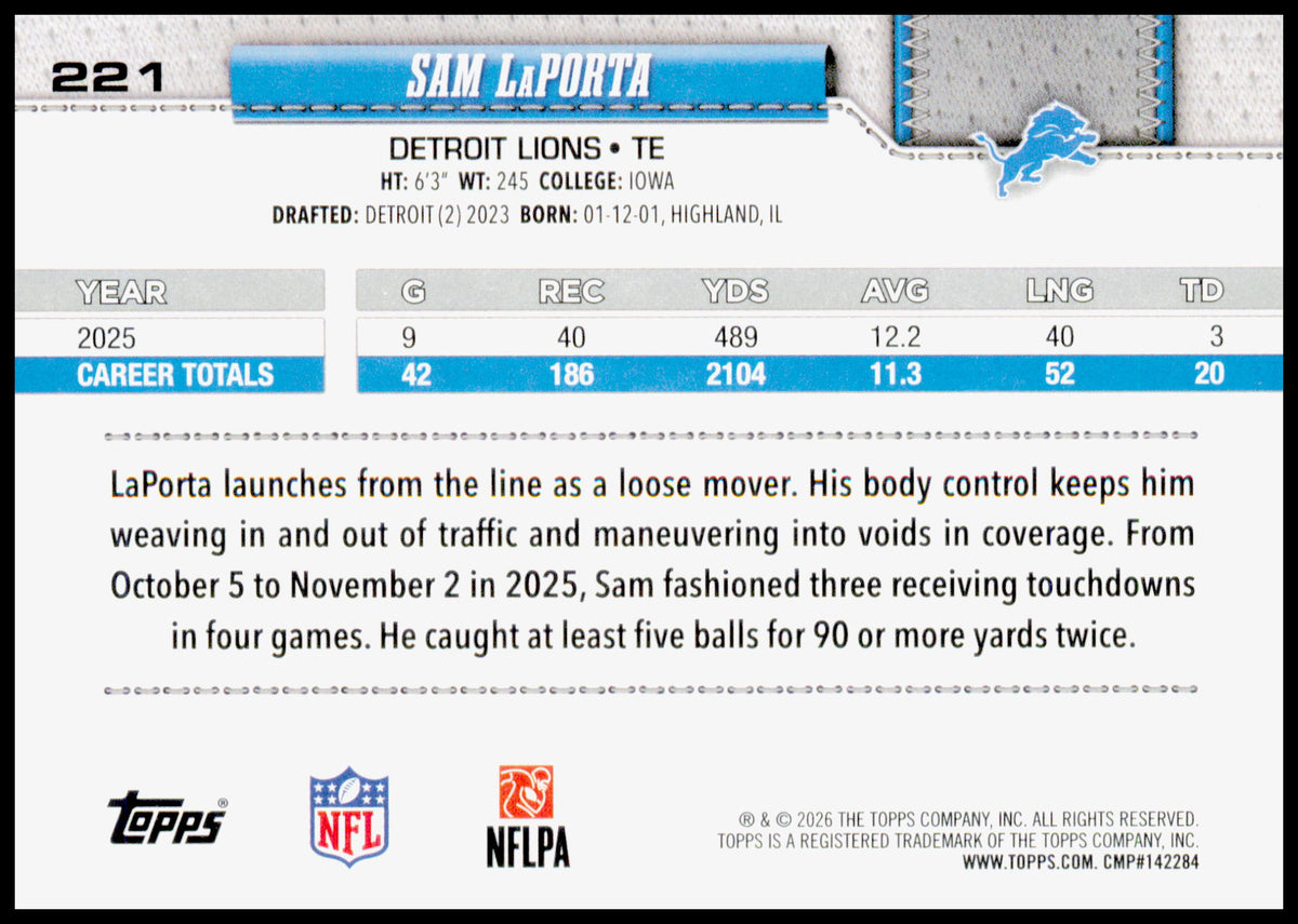 2026 Topps Flagship Sam LaPorta Card Rainbow Foil Detroit Lions