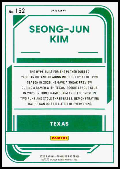 2026 Donruss Seong-Jun Kim Card Optic Orange Velocity Texas Rangers