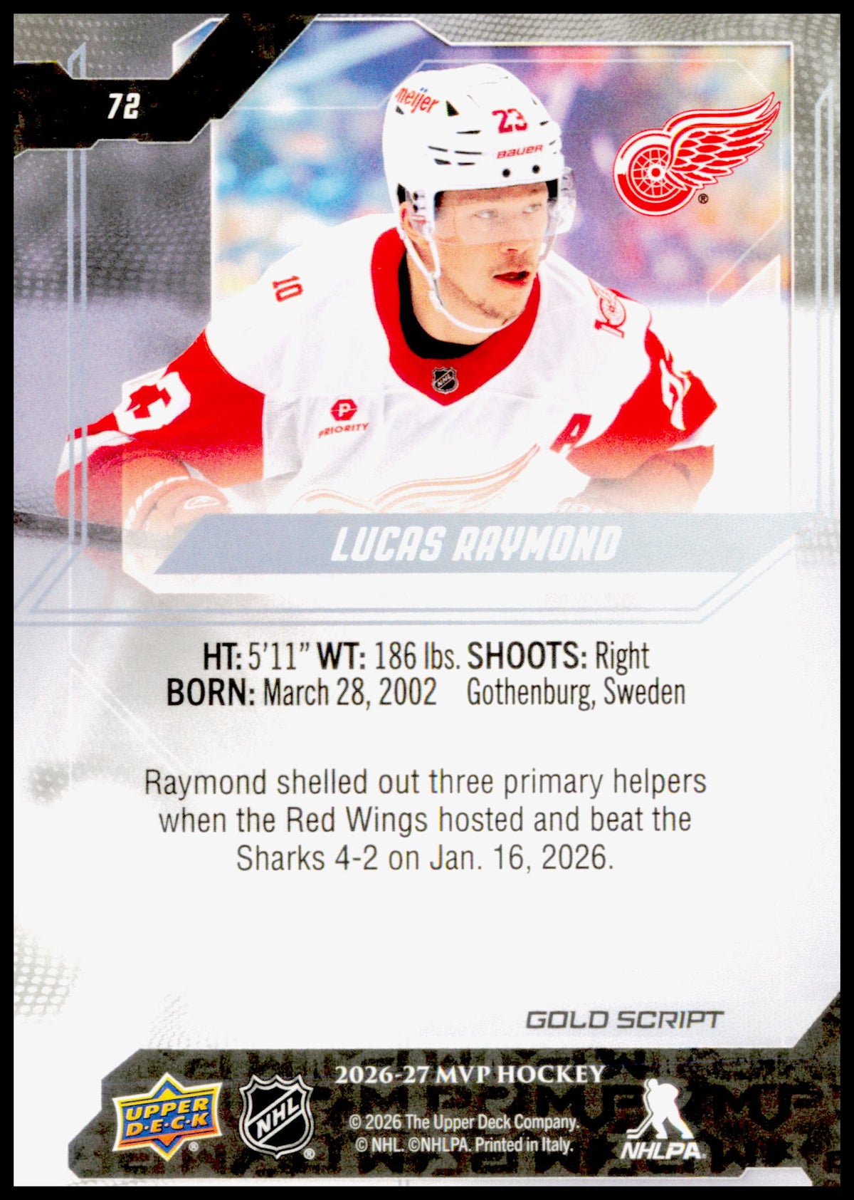 2026-27 Upper Deck MVP Lucas Raymond Card Gold Script Detroit Red Wings