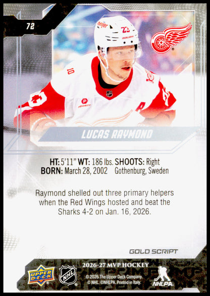 2026-27 Upper Deck MVP Lucas Raymond Card Gold Script Detroit Red Wings