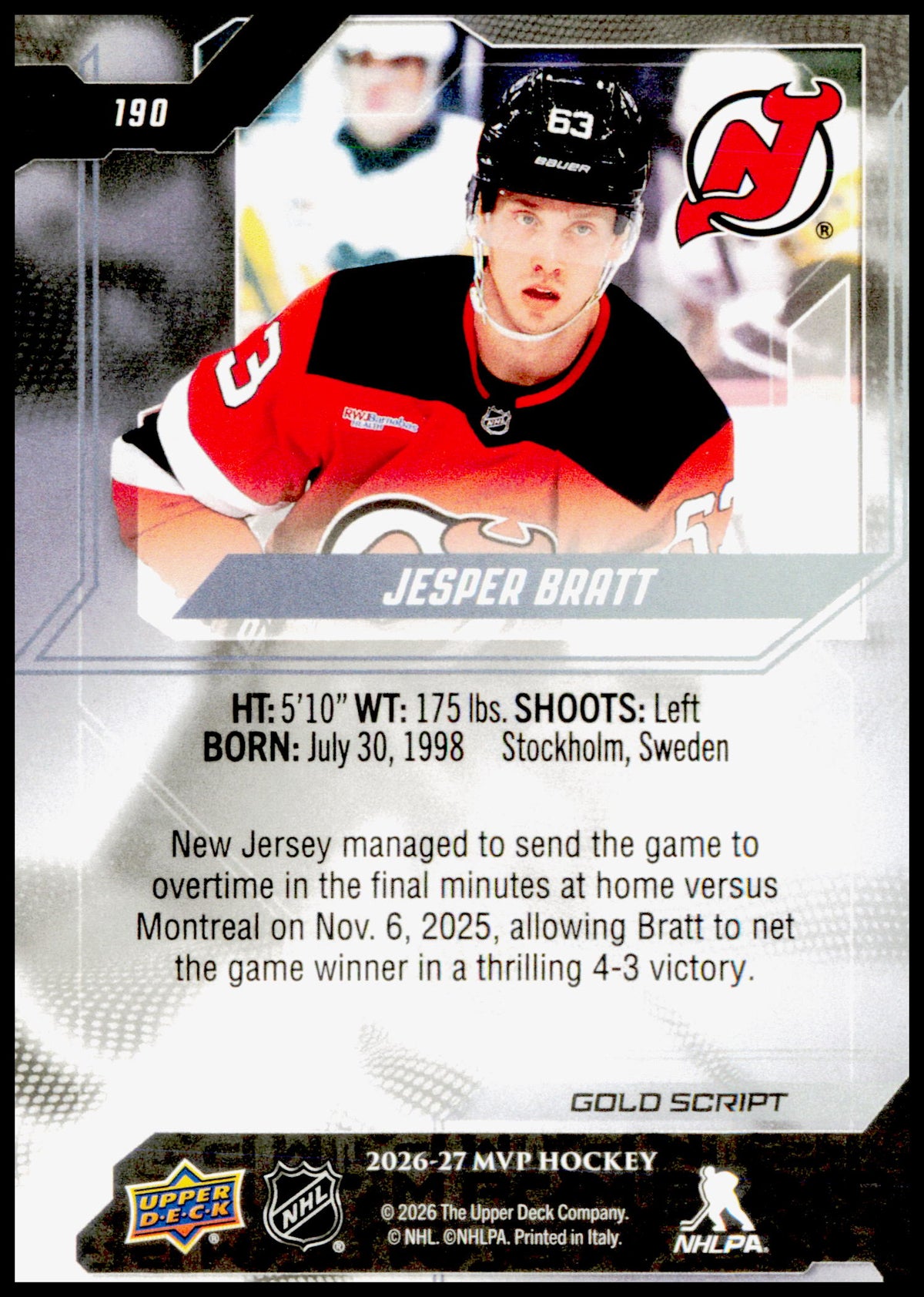 2026-27 Upper Deck MVP Jesper Bratt Card Gold Script New Jersey Devils