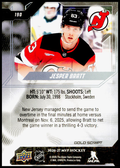 2026-27 Upper Deck MVP Jesper Bratt Card Gold Script New Jersey Devils