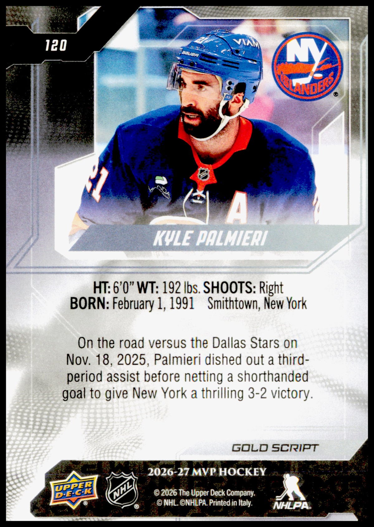 2026-27 Upper Deck MVP Kyle Palmieri Card Gold Script New York Islanders