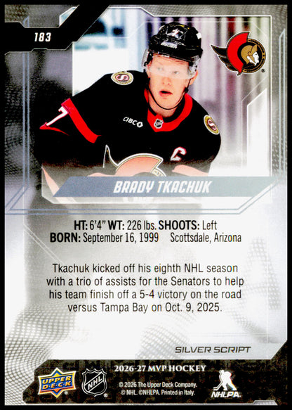 2026-27 Upper Deck MVP Brady Tkachuk Card Ottawa Senators