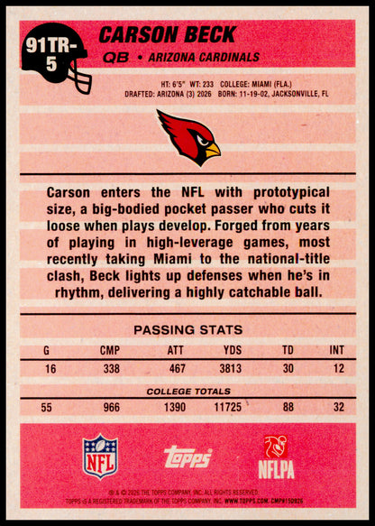 2026 Topps Flagship Carson Beck Card 1991 Topps Football Rookies Arizona