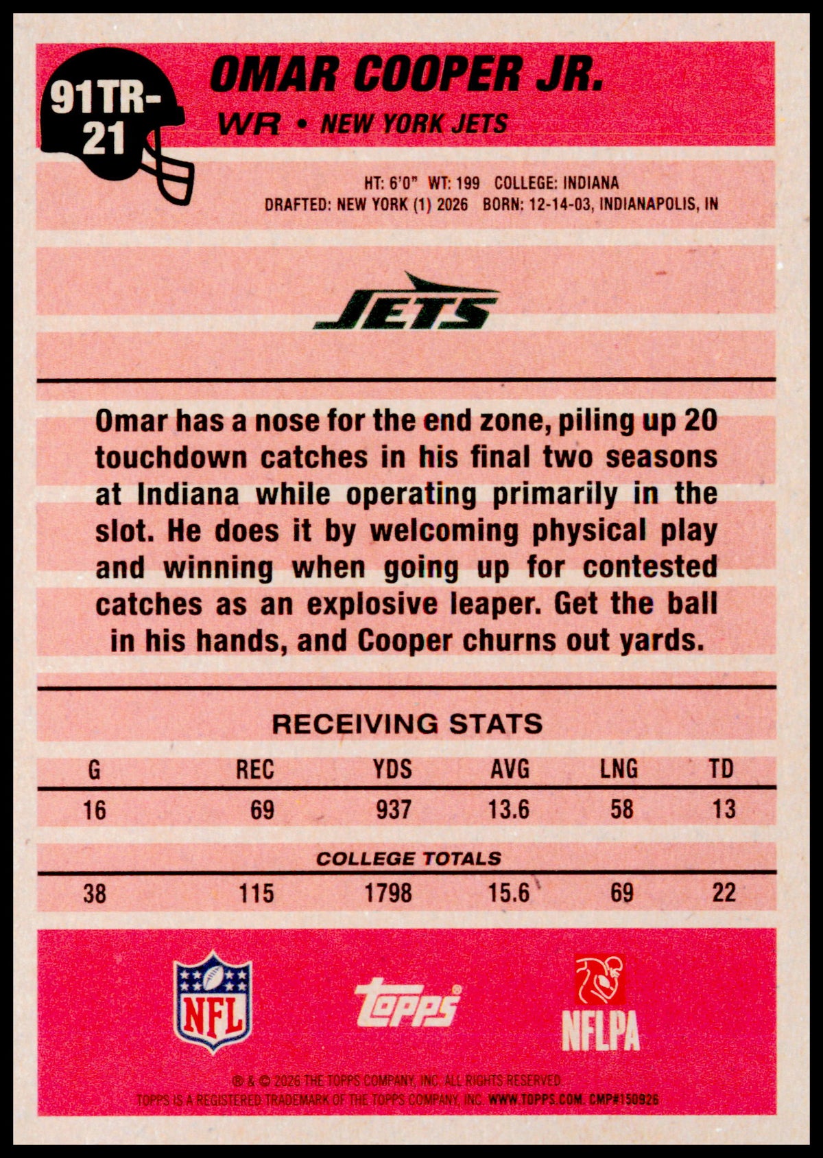 2026 Topps Flagship Omar Cooper Jr. Card 1991 Topps Football Rookies Jets