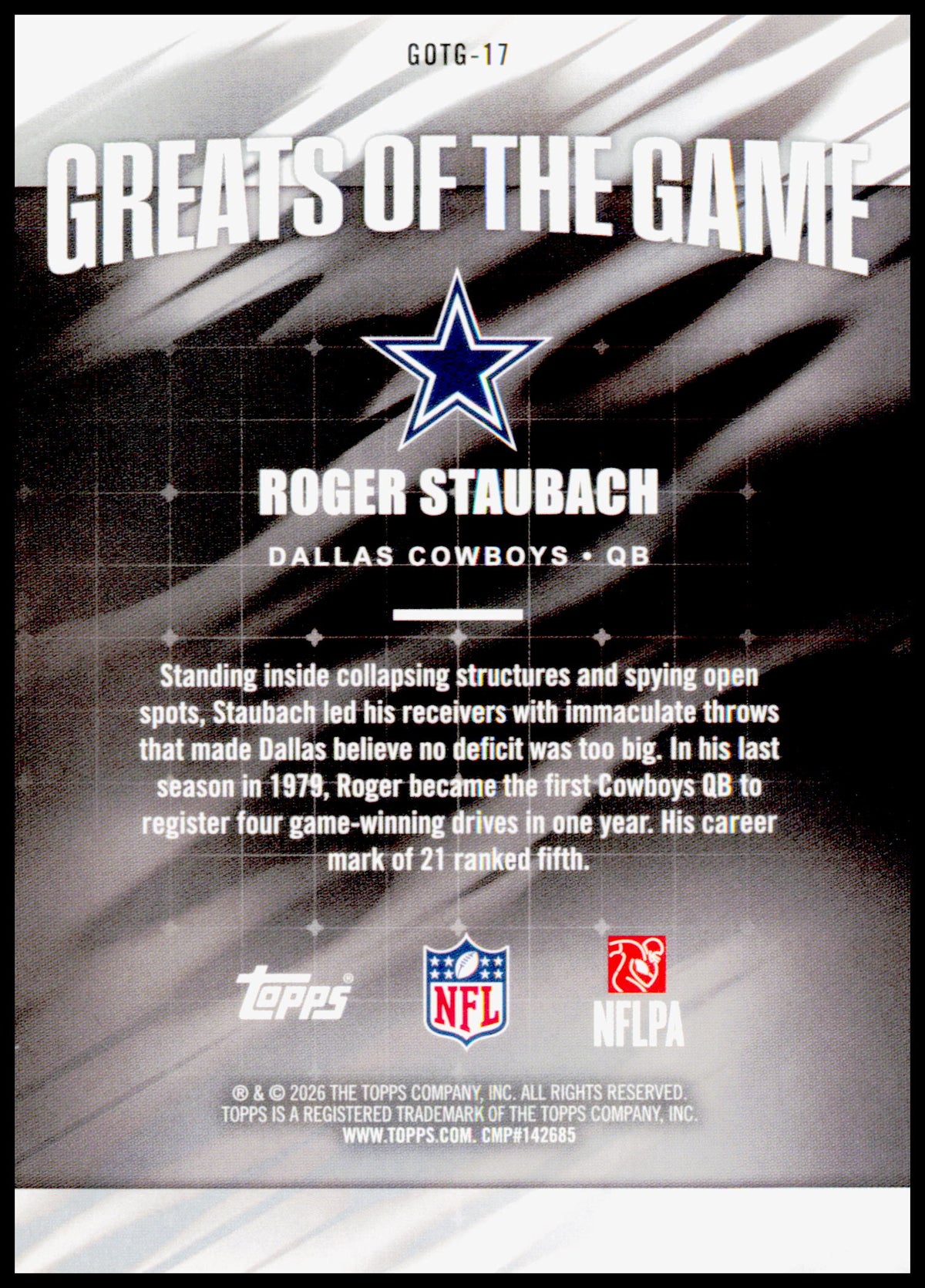 2026 Topps Flagship Roger Staubach Card Greats Of The Game Dallas Cowboys