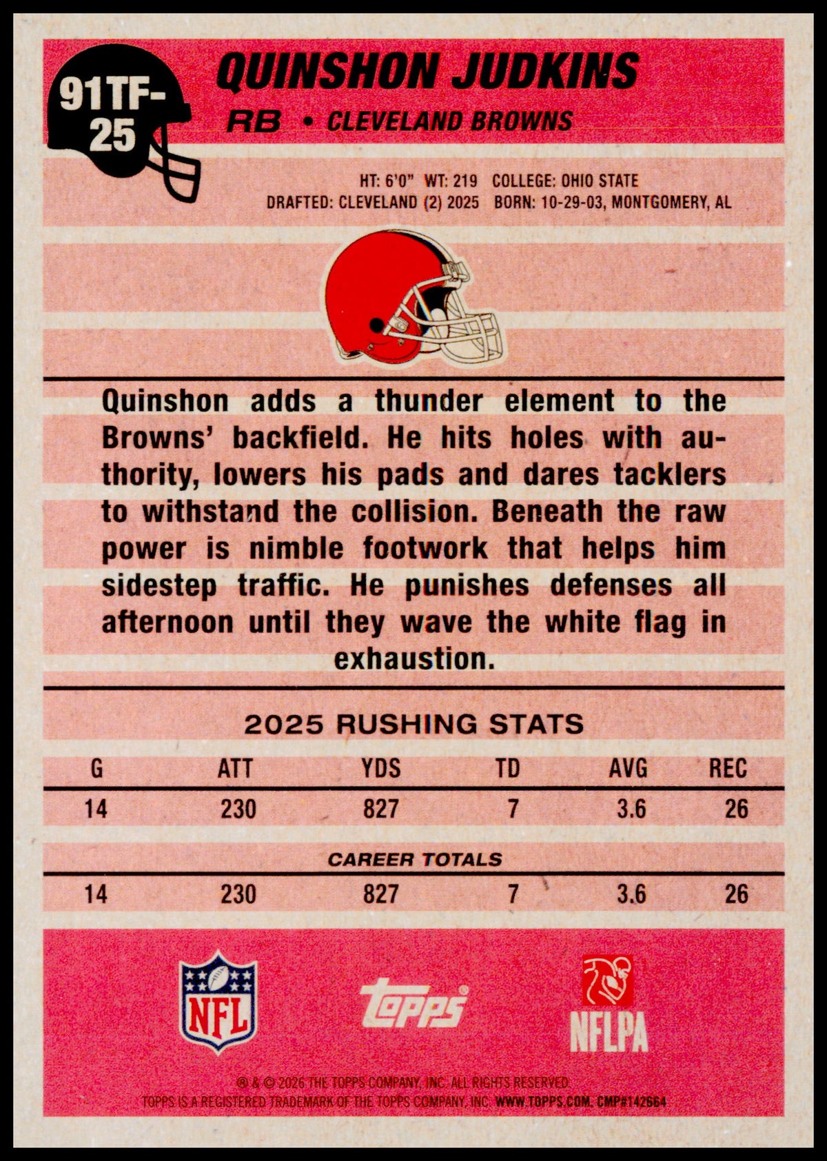 2026 Topps Flagship Quinshon Judkins Card 1991 Topps Football Cleveland Browns