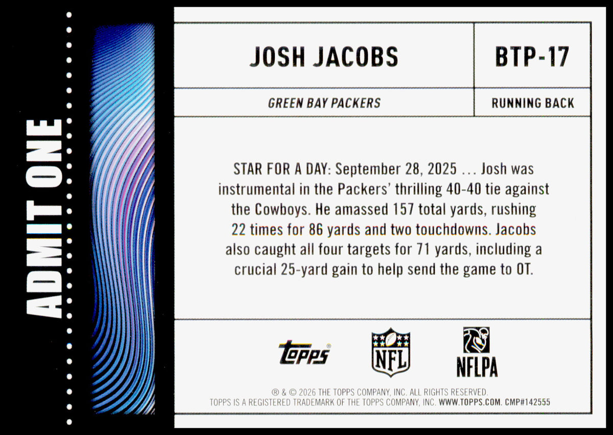 2026 Topps Flagship Josh Jacobs Card Big Ticket Players Green Bay Packers