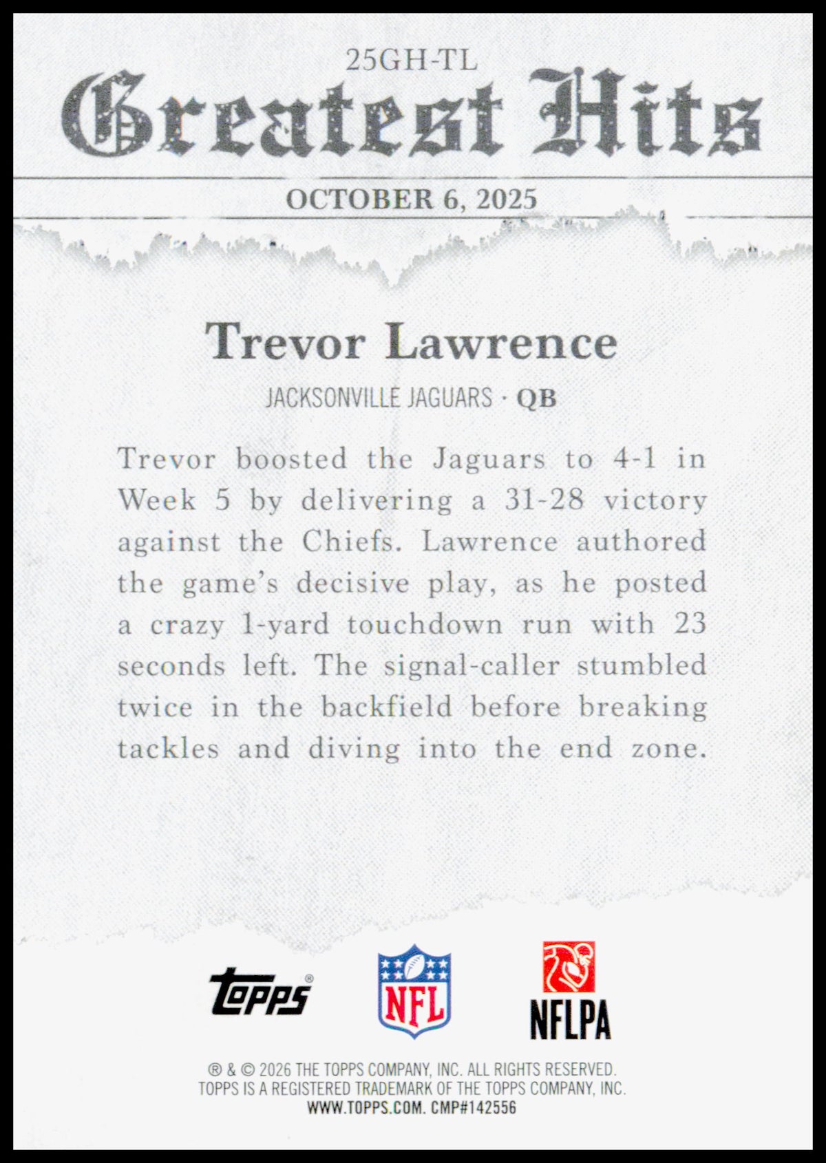 2026 Topps Flagship Trevor Lawrence Card 2025 Greatest Hits Jacksonville Jaguars
