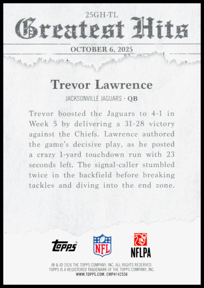 2026 Topps Flagship Trevor Lawrence Card 2025 Greatest Hits Jacksonville Jaguars