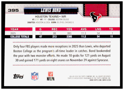 2026 Topps Flagship Lewis Bond Card Rainbow Foil Houston Texans