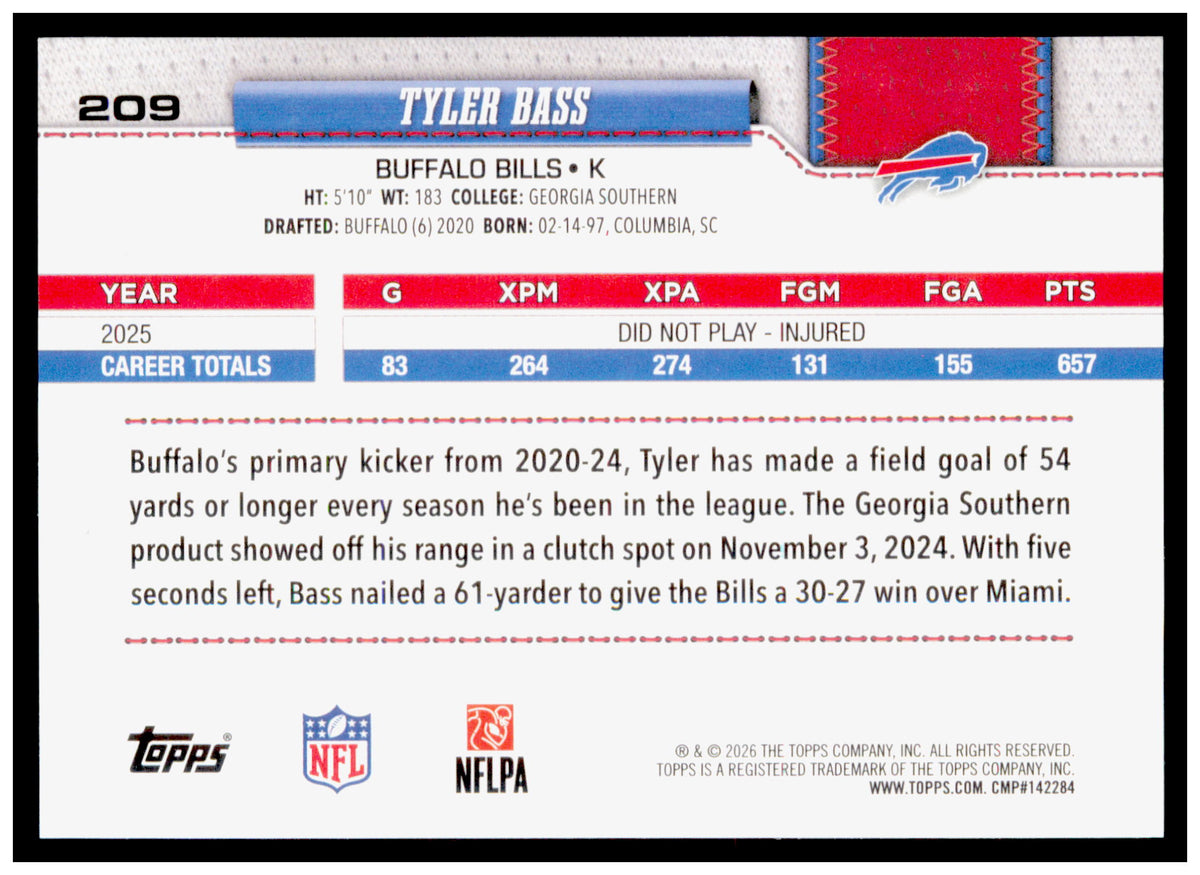 2026 Topps Flagship Tyler Bass Card Diamante Foil Buffalo Bills