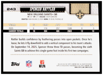 2026 Topps Flagship Spencer Rattler Card Diamante Foil New Orleans Saints