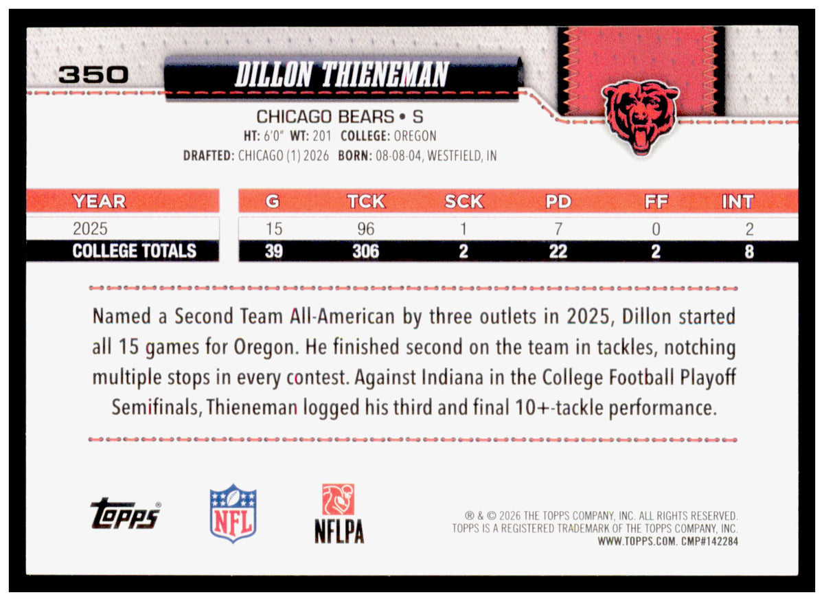 2026 Topps Flagship Dillon Thieneman Card Diamante Foil Chicago Bears
