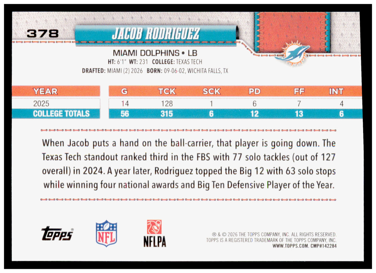 2026 Topps Flagship Jacob Rodriguez Card Diamante Foil RC Miami Dolphins